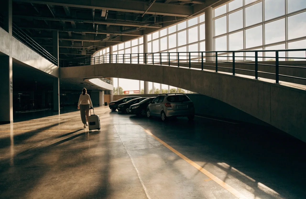 A curved interior ramp of a Brisbane airport multi-level car park with parked cars along the road edge