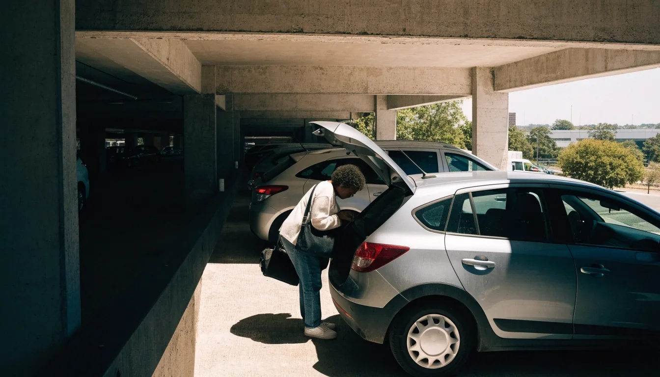 A traveller unloading a cabin bag from the boot of a car on a multi-storey Brisbane airport car park deck