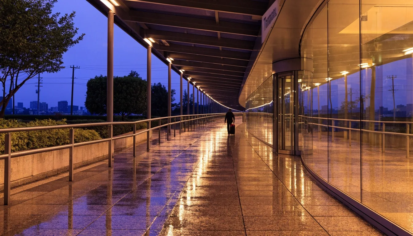 Airport terminal kerbside walkway at dusk with reflections on wet paving