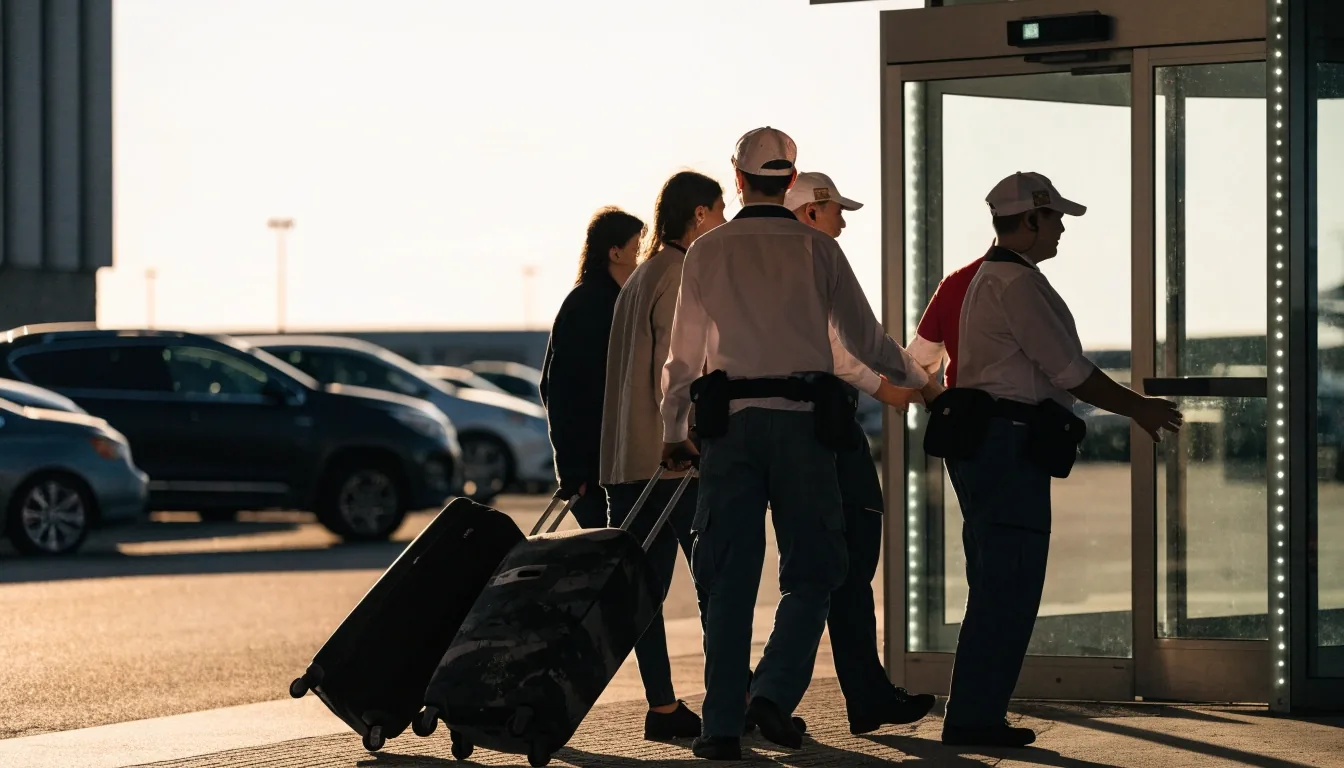 Curbside drop-off lane outside the Brisbane airport terminal in late afternoon light