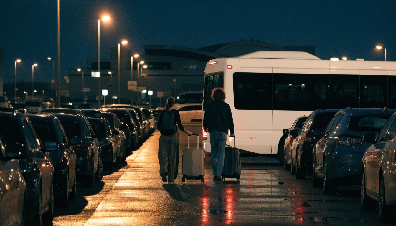 Rows of parked cars and a waiting shuttle bus in a Brisbane Airport car park at night