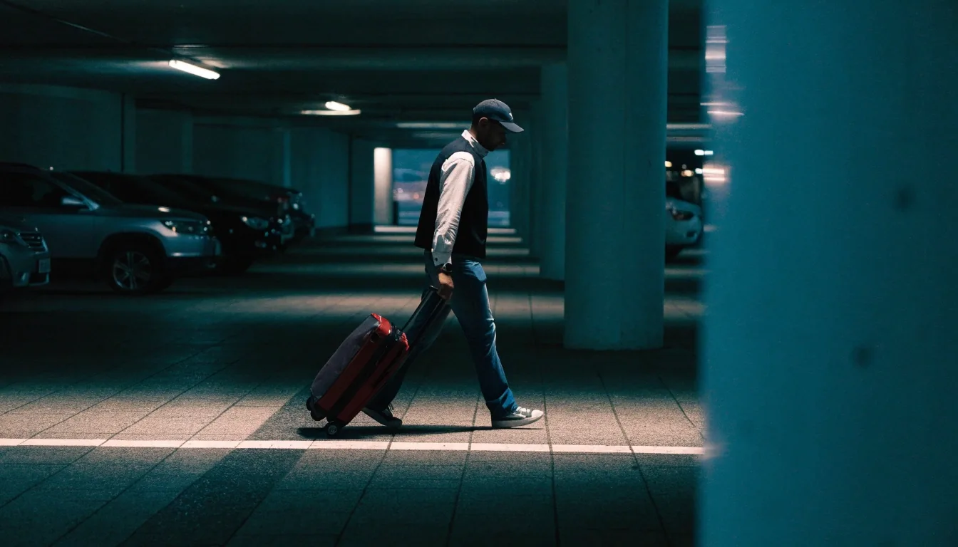 Traveller unloading a suitcase at the Brisbane Airport terminal drop-off zone in the evening