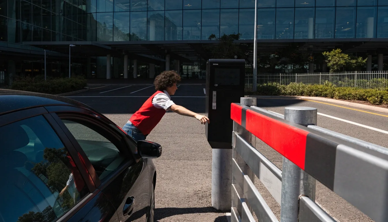 Traveller at a Brisbane Airport car park barrier holding their booking details