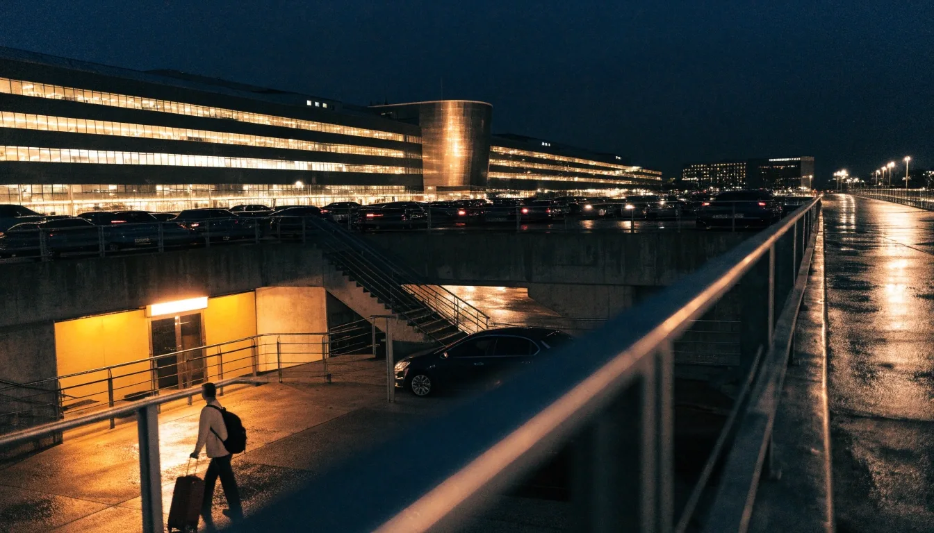 Quiet evening view from an airport car park level toward the lit international terminal buildings