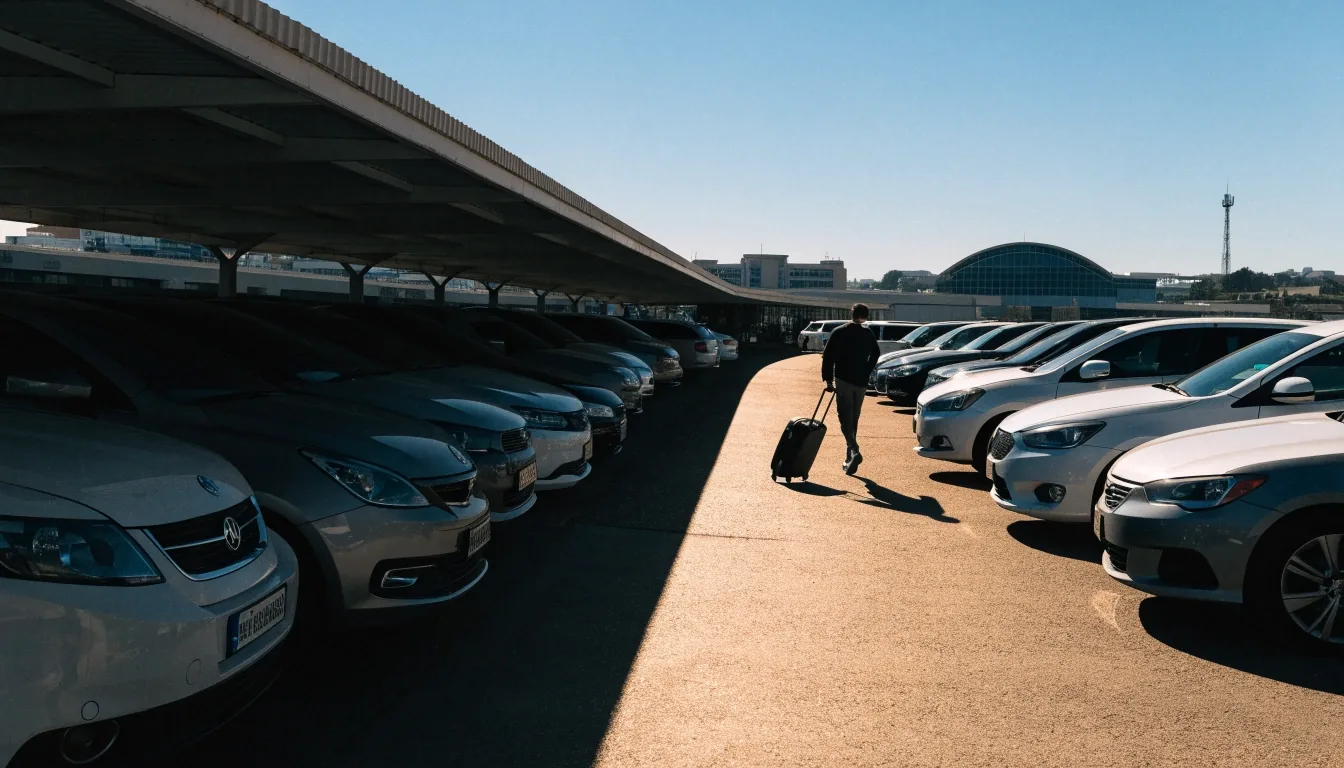 Rooftop level of an airport car park with one covered row of cars and one open-air row under bright midday sun