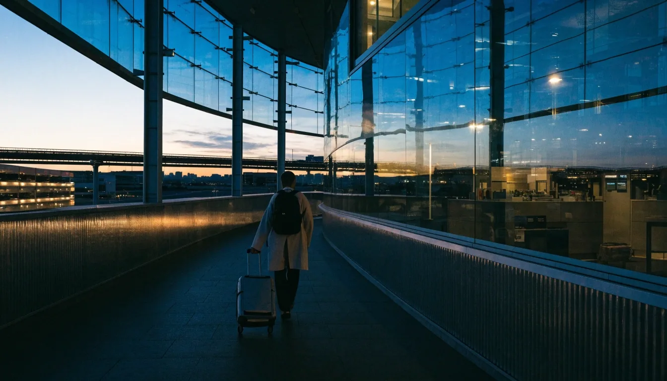 Traveller walking with luggage toward the Brisbane International Terminal at dusk, with the terminal car park and AirTrain station beyond