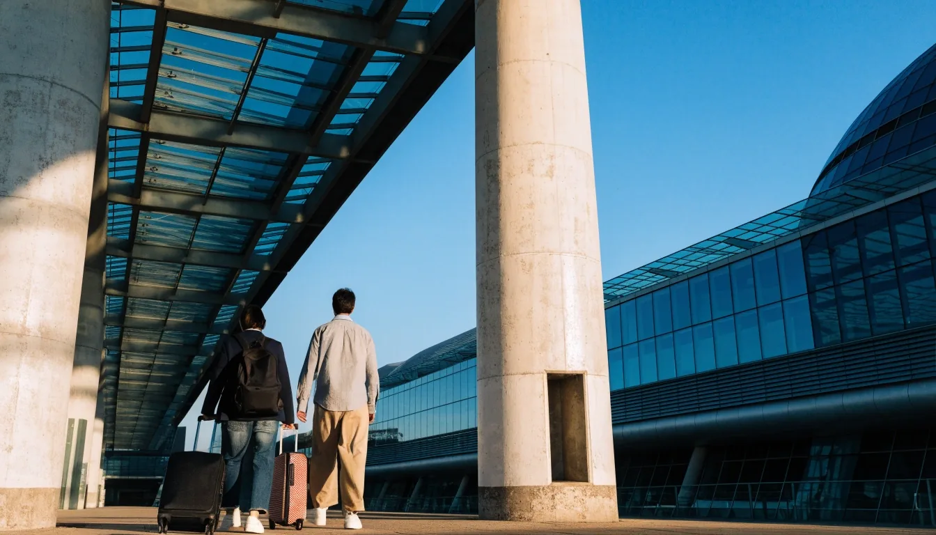 Traveller walking with a suitcase along the covered walkway from the car park building to the international terminal