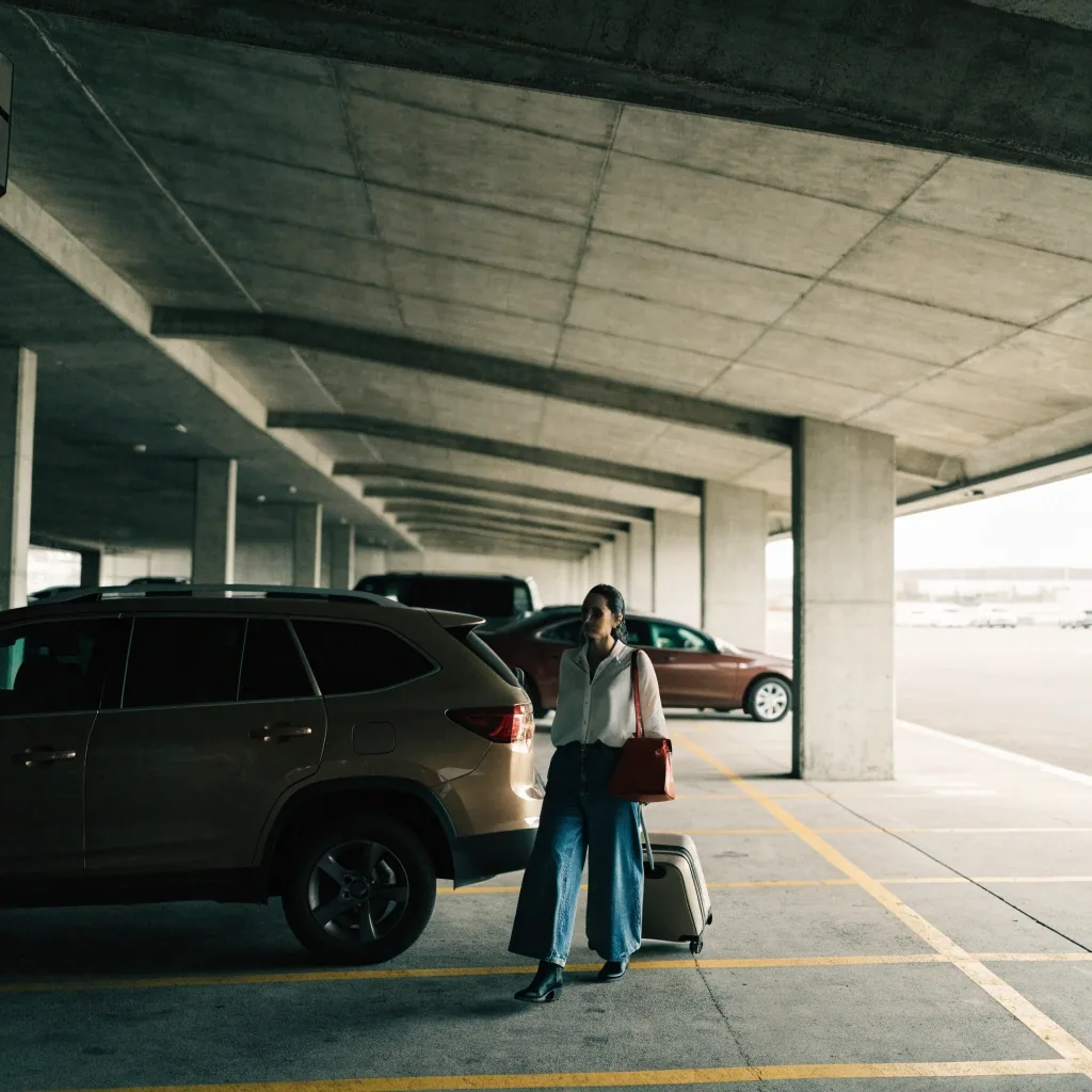 Covered multi-storey airport car park interior with a traveller walking to her car under a concrete ceiling