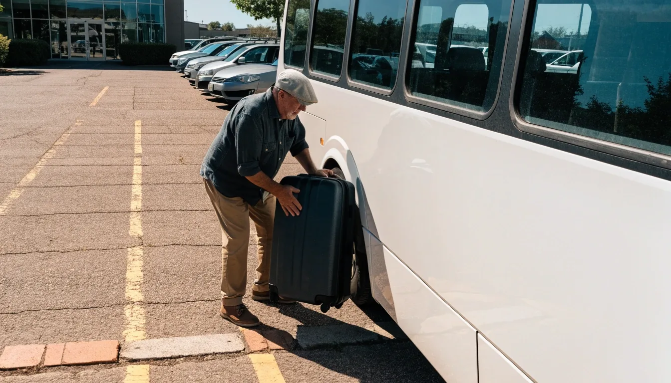 Free shuttle bus loading luggage at an off-terminal long-stay car park off Nancy Bird Way near Brisbane Airport