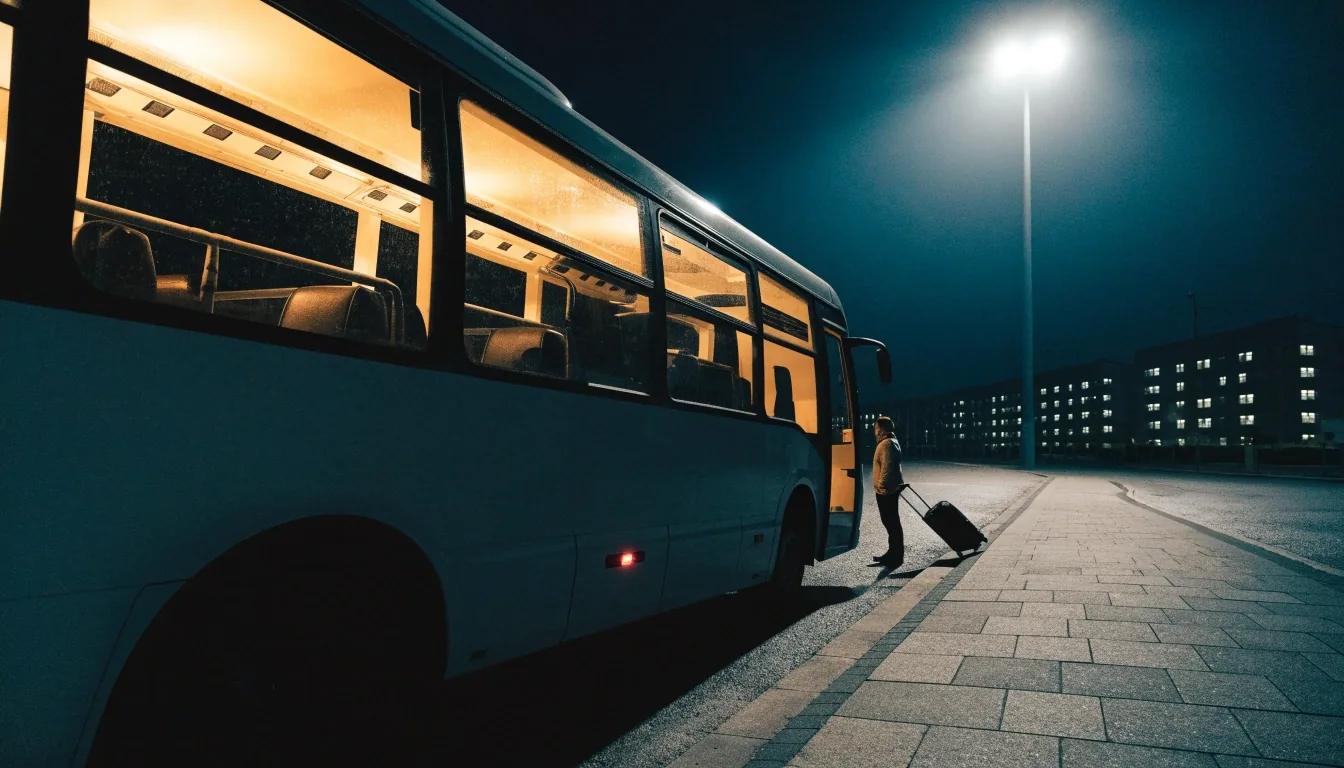 Late-evening shuttle bus waiting at a kerb outside a Brisbane Airport car park with a traveller and suitcase