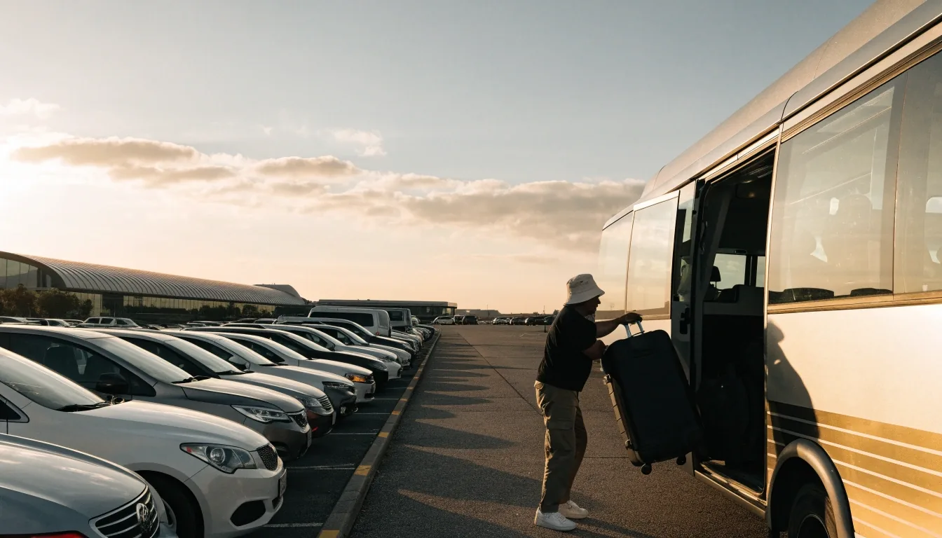 Open-air long-stay car park near Brisbane Airport with a traveller unloading a suitcase as a shuttle bus waits