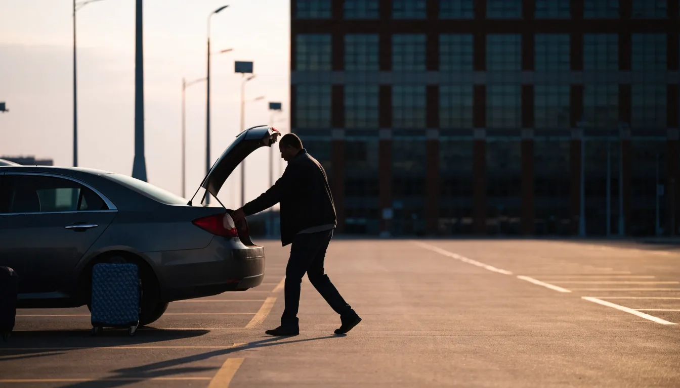 Quiet long-stay car park at Brisbane Airport at first light with a traveller closing his boot before walking to the terminal