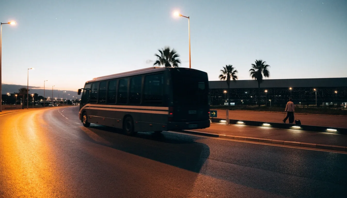 Airport access road outside Brisbane Airport with a shuttle bus and a traveller walking toward a car park entrance at dusk