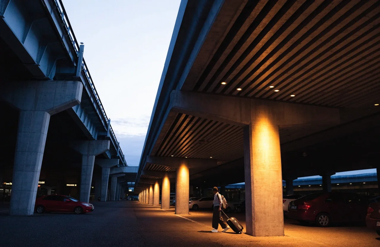 Elevated AirTrain platform outside Brisbane Airport at blue hour with a traveller walking along the platform
