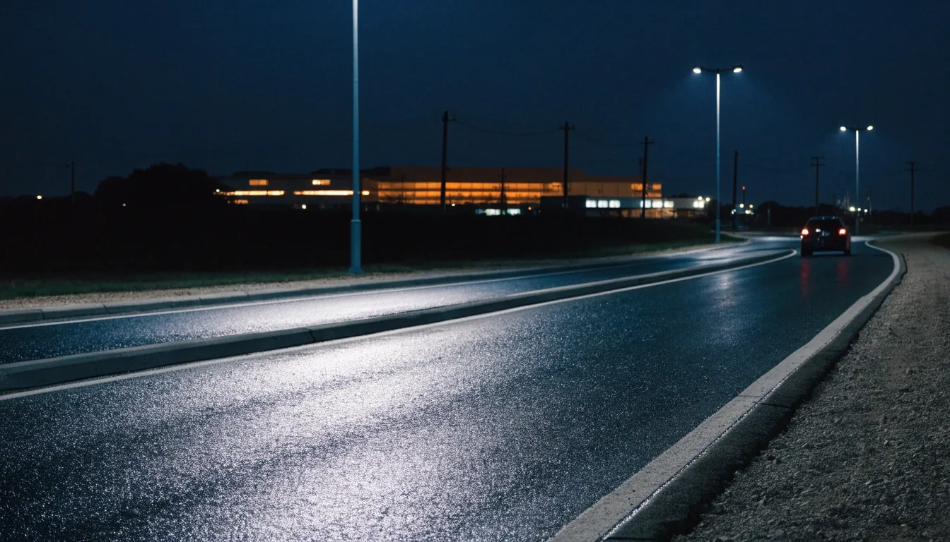 Empty wet airport access road curving away under light poles outside Brisbane Airport at night