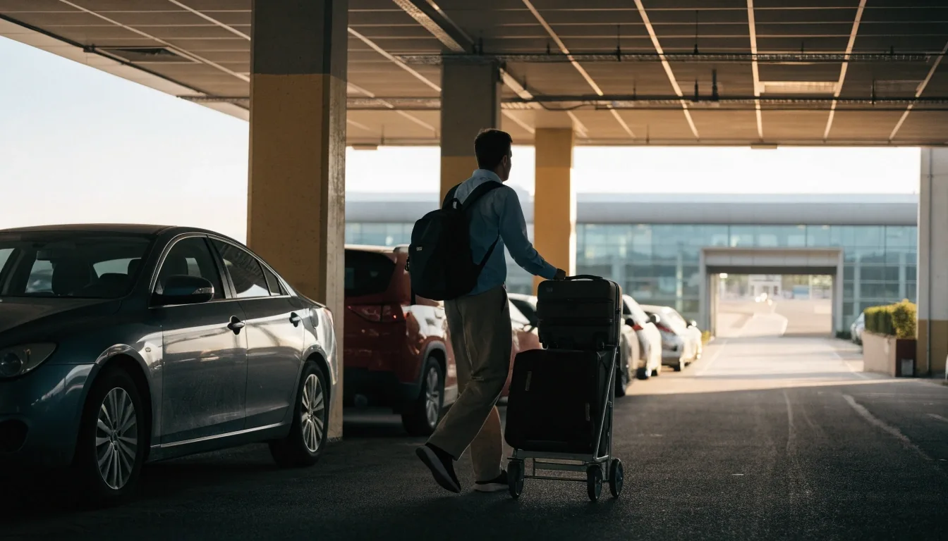 Quiet outdoor car park at Brisbane Airport at first light with a traveller walking toward the terminal