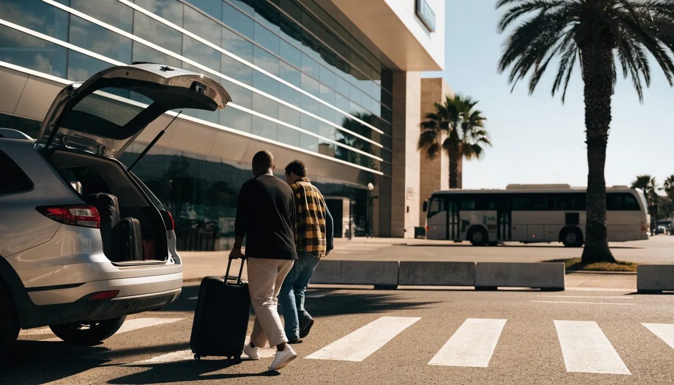 Traveller checking a wayfinding display under a covered walkway outside Brisbane Airport
