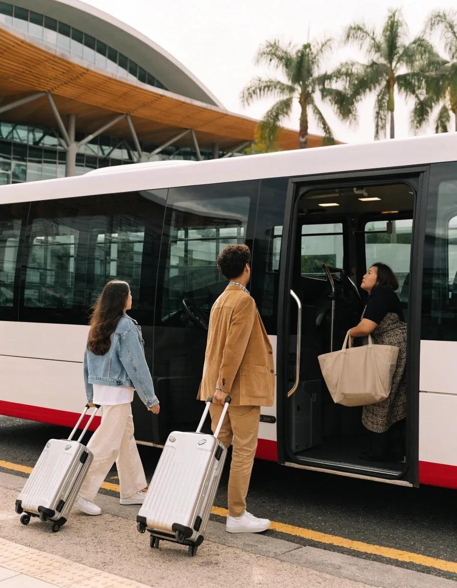 Traveller waiting with luggage at a shuttle bay outside Brisbane Airport as a shuttle bus idles nearby