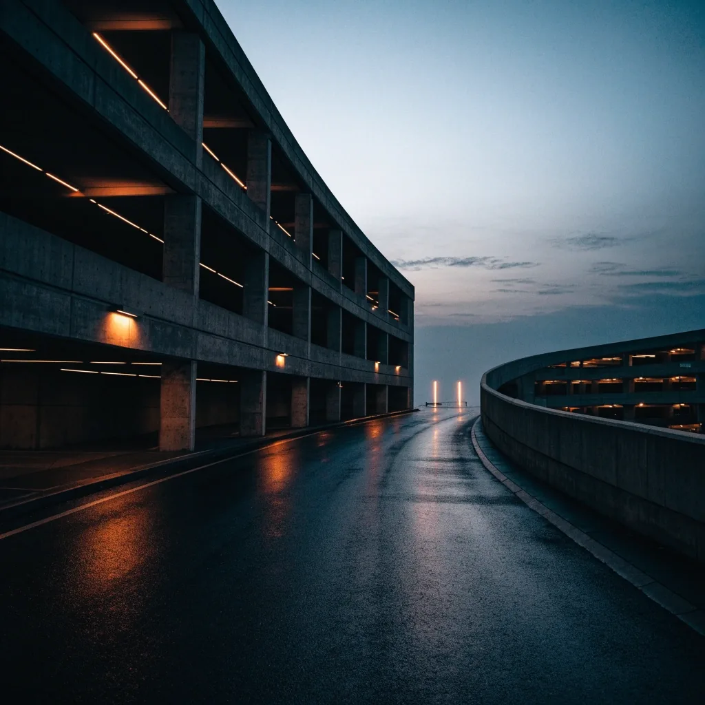 Entrance lane of an airport car park building at dawn in Brisbane