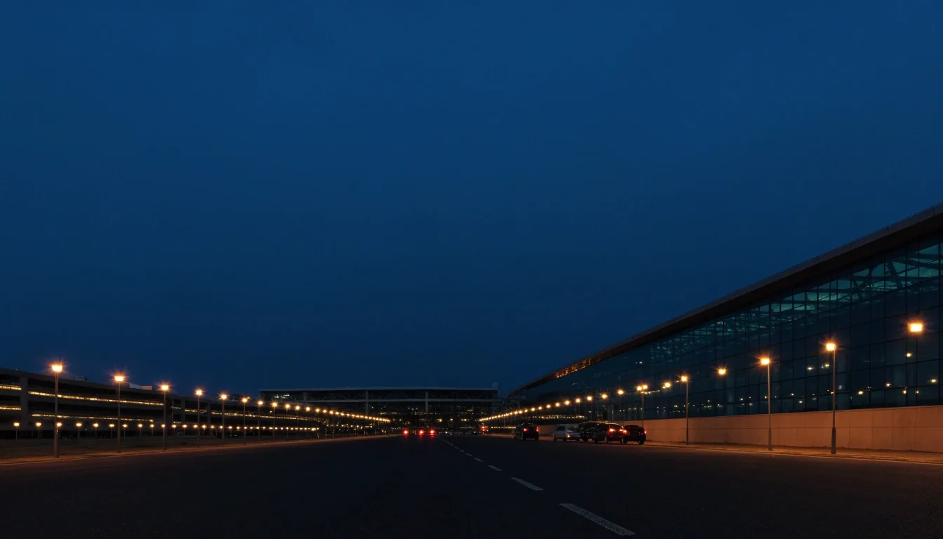 Quiet evening approach road leading toward Brisbane Airport under a dark blue sky