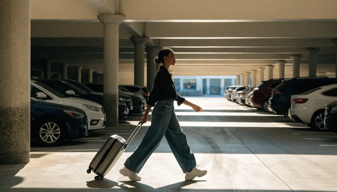 Traveller with a suitcase walking from a parked car on an airport car park deck