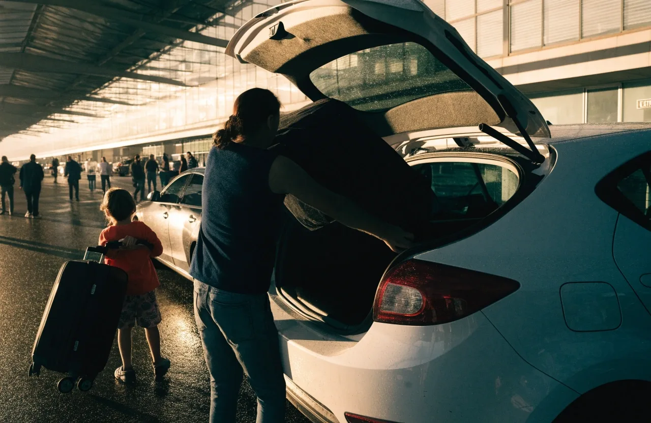 A parent lifting luggage from a car boot with a child beside them at an airport departures drop-off zone