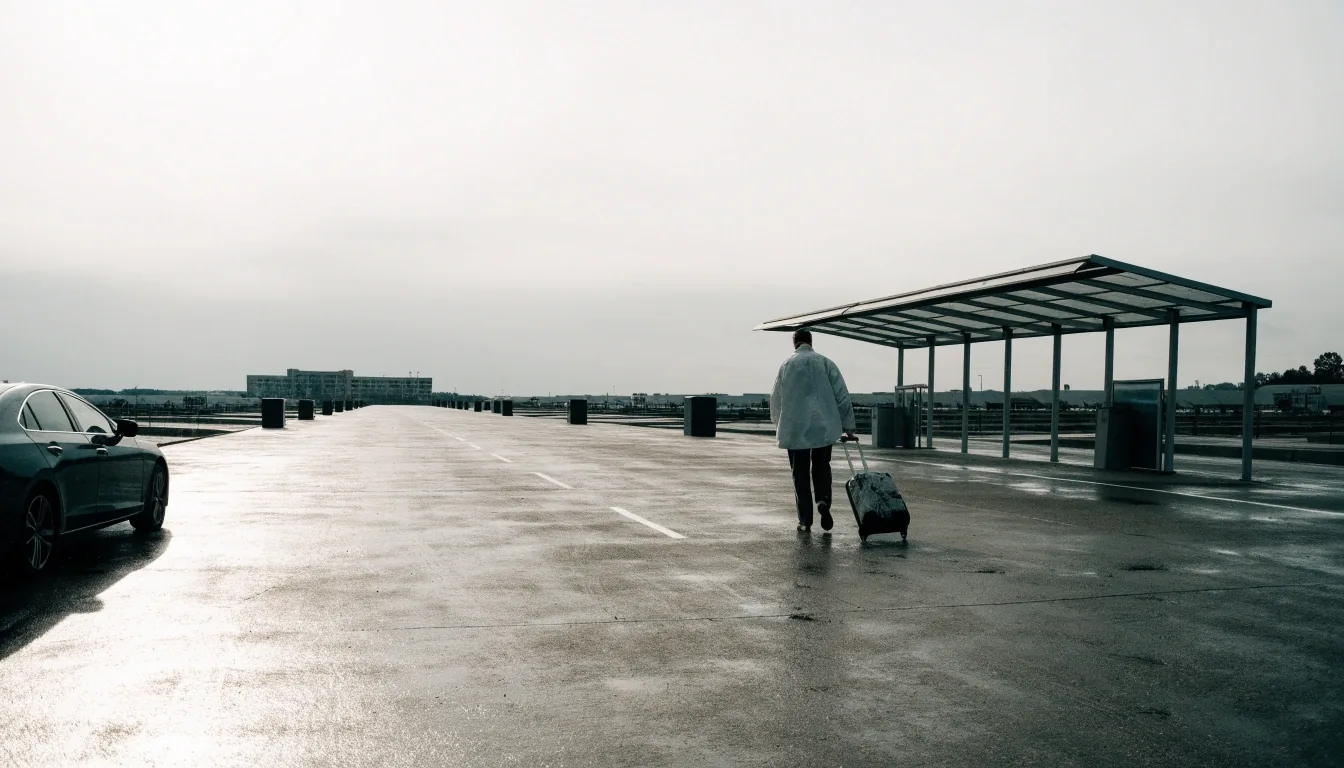 A solo traveller walking with one small carry-on bag towards an airport shuttle shelter from a long-stay car park