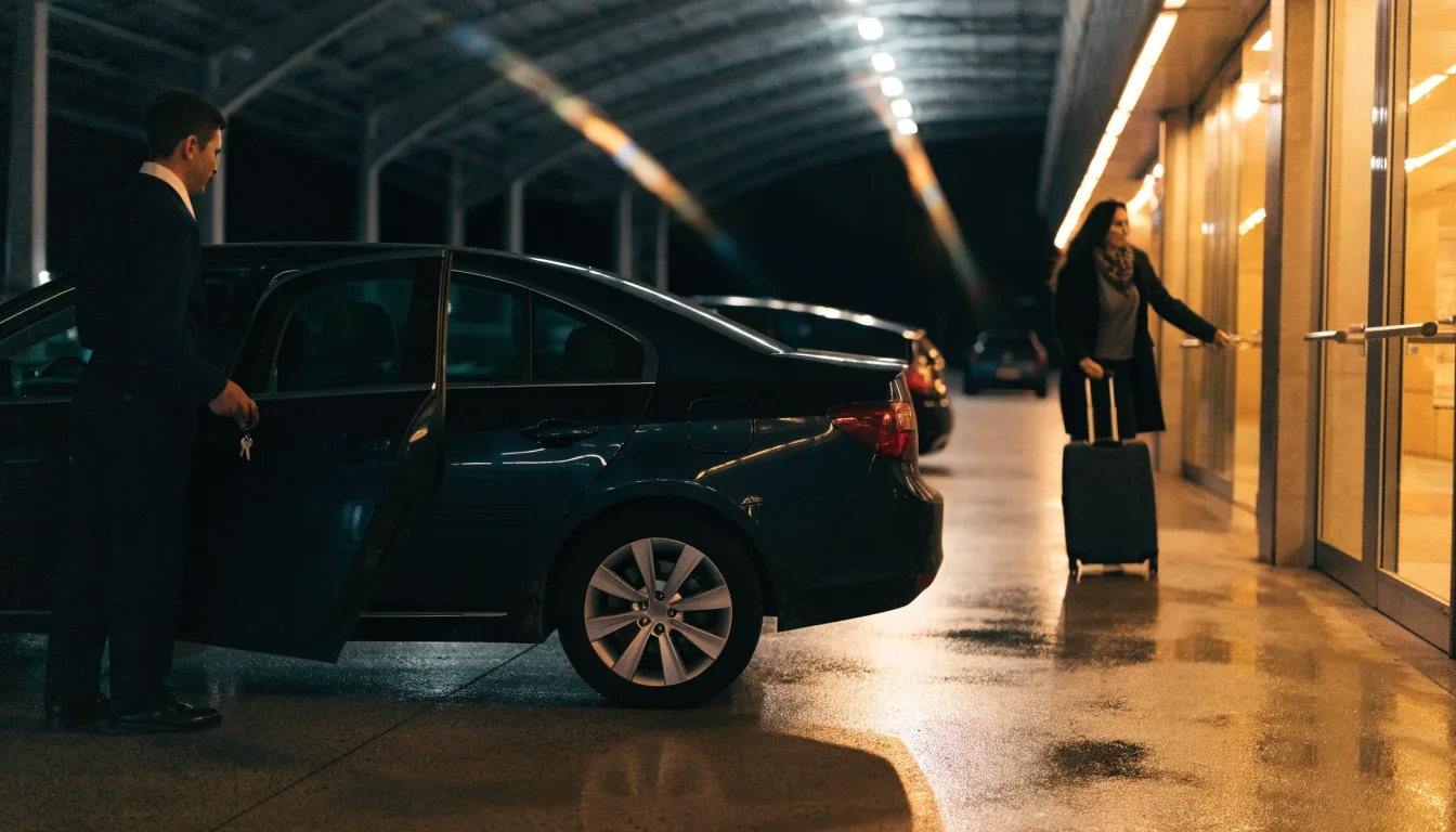 A traveller with a suitcase walking towards a lit airport departures entrance at night