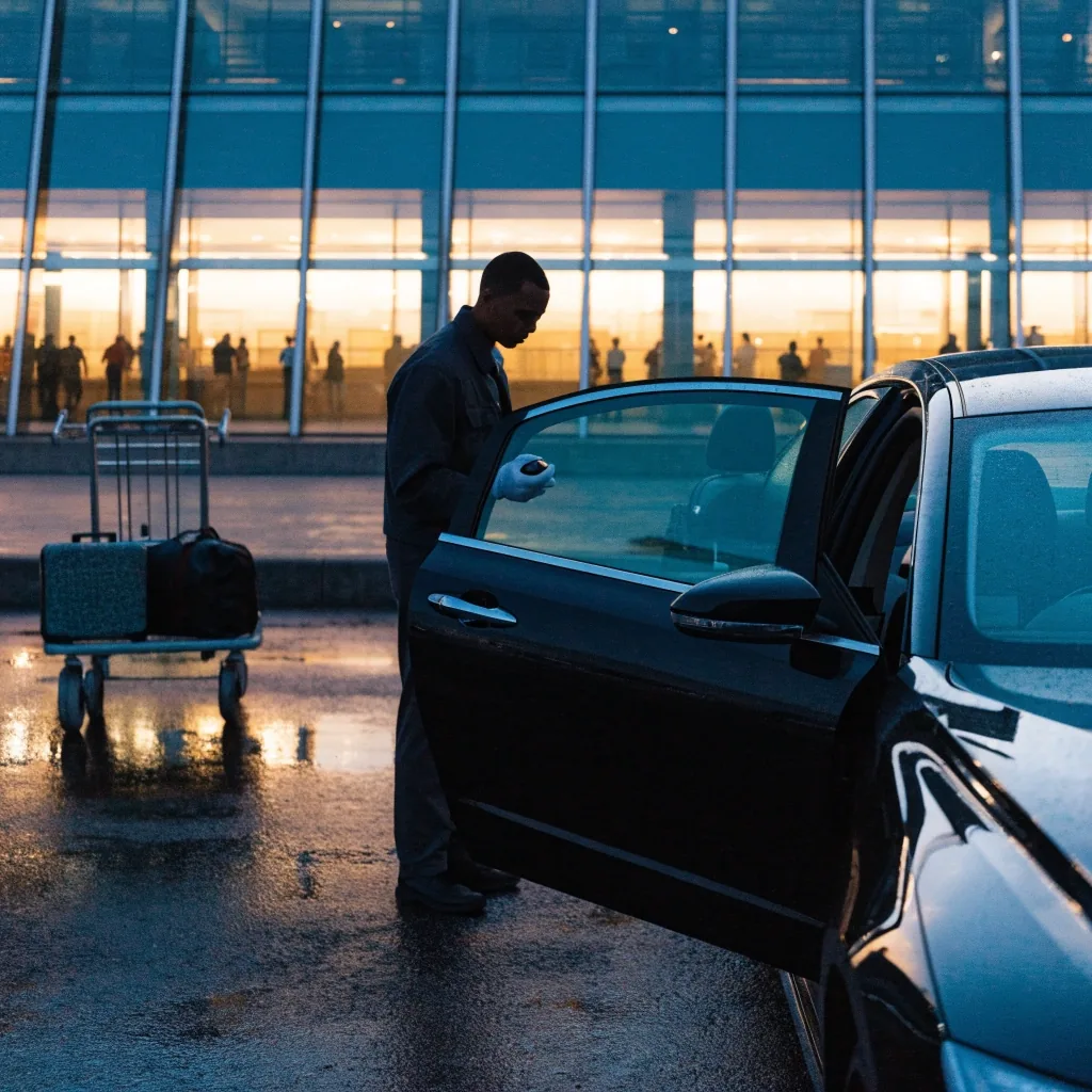 A valet attendant waiting with a car key beside an open door at an airport terminal forecourt at dusk