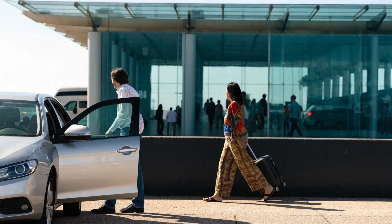 A driver waiting beside a parked car at an airport arrivals kerb while a traveller walks out with a carry-on bag