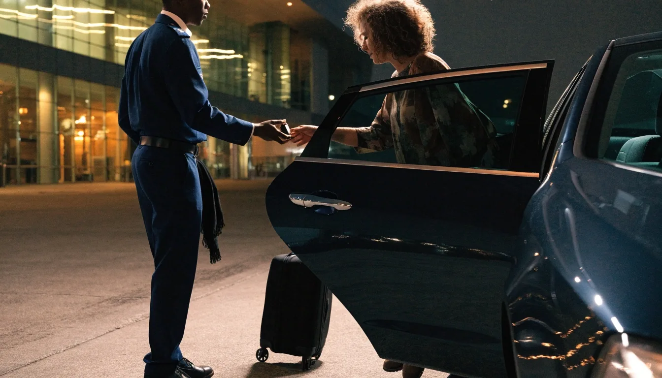 A traveller unloading a suitcase from the boot of a car in a Brisbane Airport short-stay car park at dusk